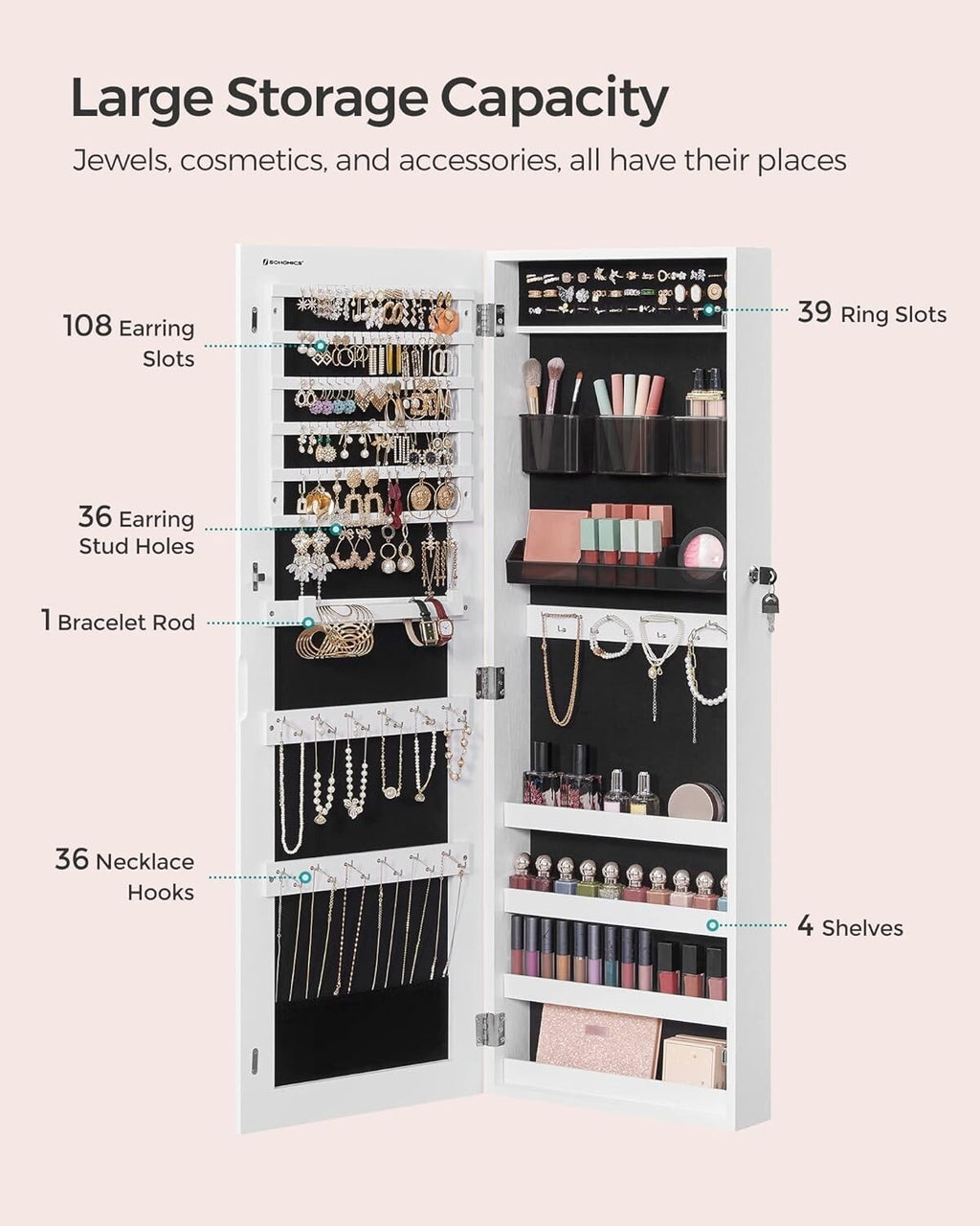 Jewelry Cabinet Armoire, Lockable WallMounted Organizer Unit  2 Plastic Cos