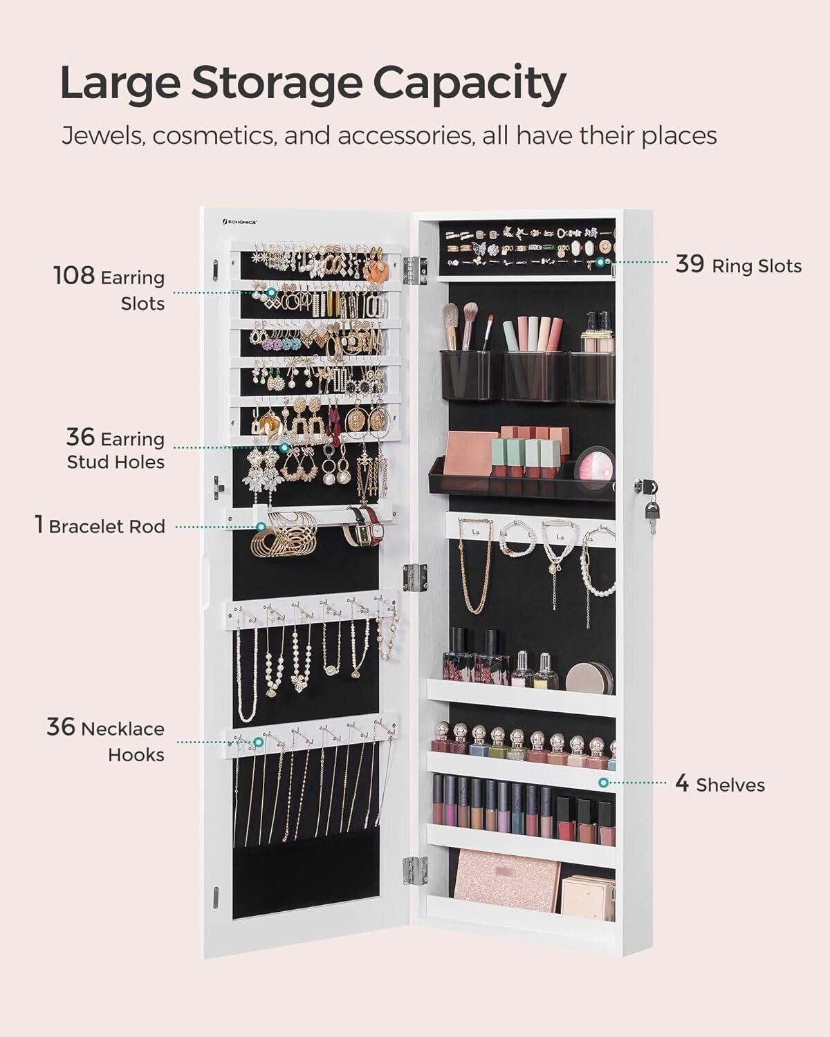 Jewelry Cabinet Armoire, Lockable WallMounted Organizer Unit  2 Plastic Cos