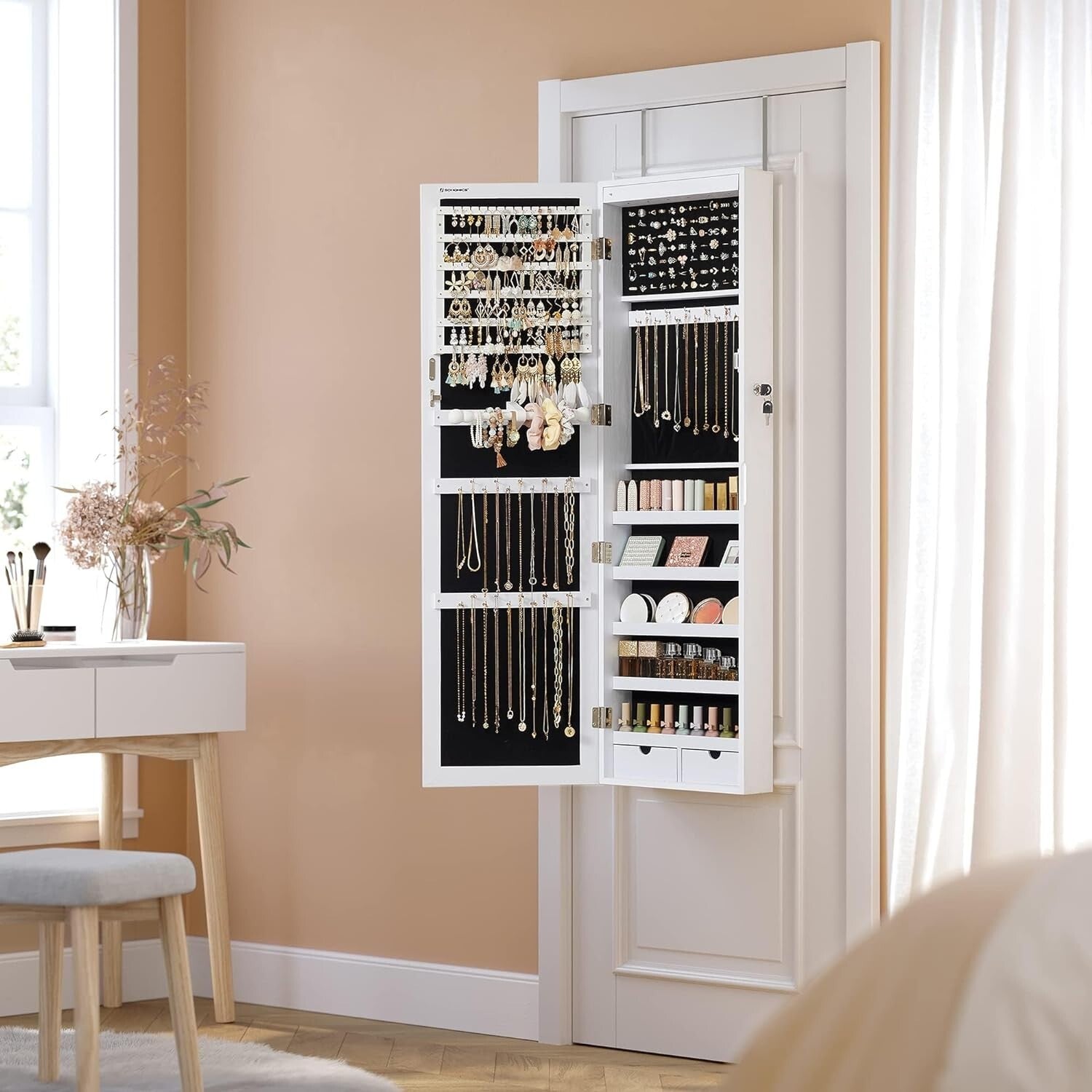 Mirror Jewelry Cabinet, 47.2-Inch Tall Lockable Wall or Door Mounted Jewe 6 LEDs