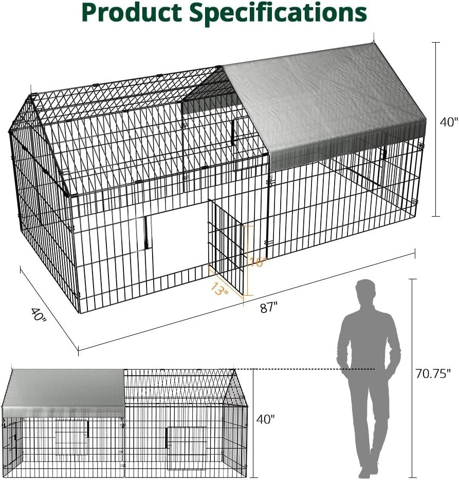 Chicken Coop 86"×40" Chicken Run Pen for Yard with Cover Outdoor Metal Portable