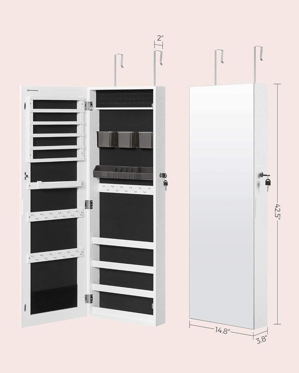Jewelry Cabinet Armoire, Lockable WallMounted Organizer Unit  2 Plastic Cos