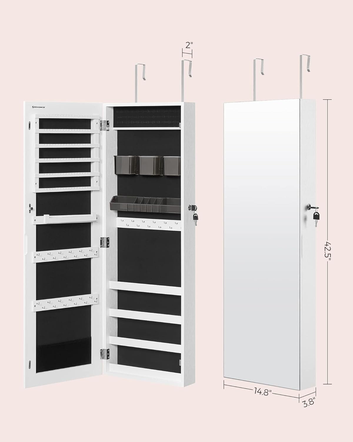 Jewelry Cabinet Armoire, Lockable WallMounted Organizer Unit  2 Plastic Cos