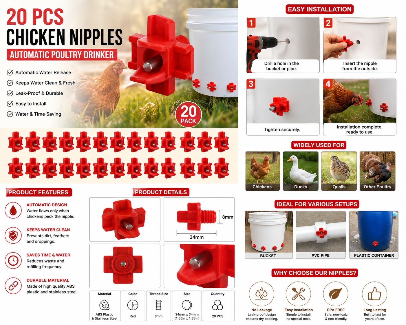 20PCS Automatic Chicken Waterer Nipples – Poultry Drinker for Chickens, Ducks