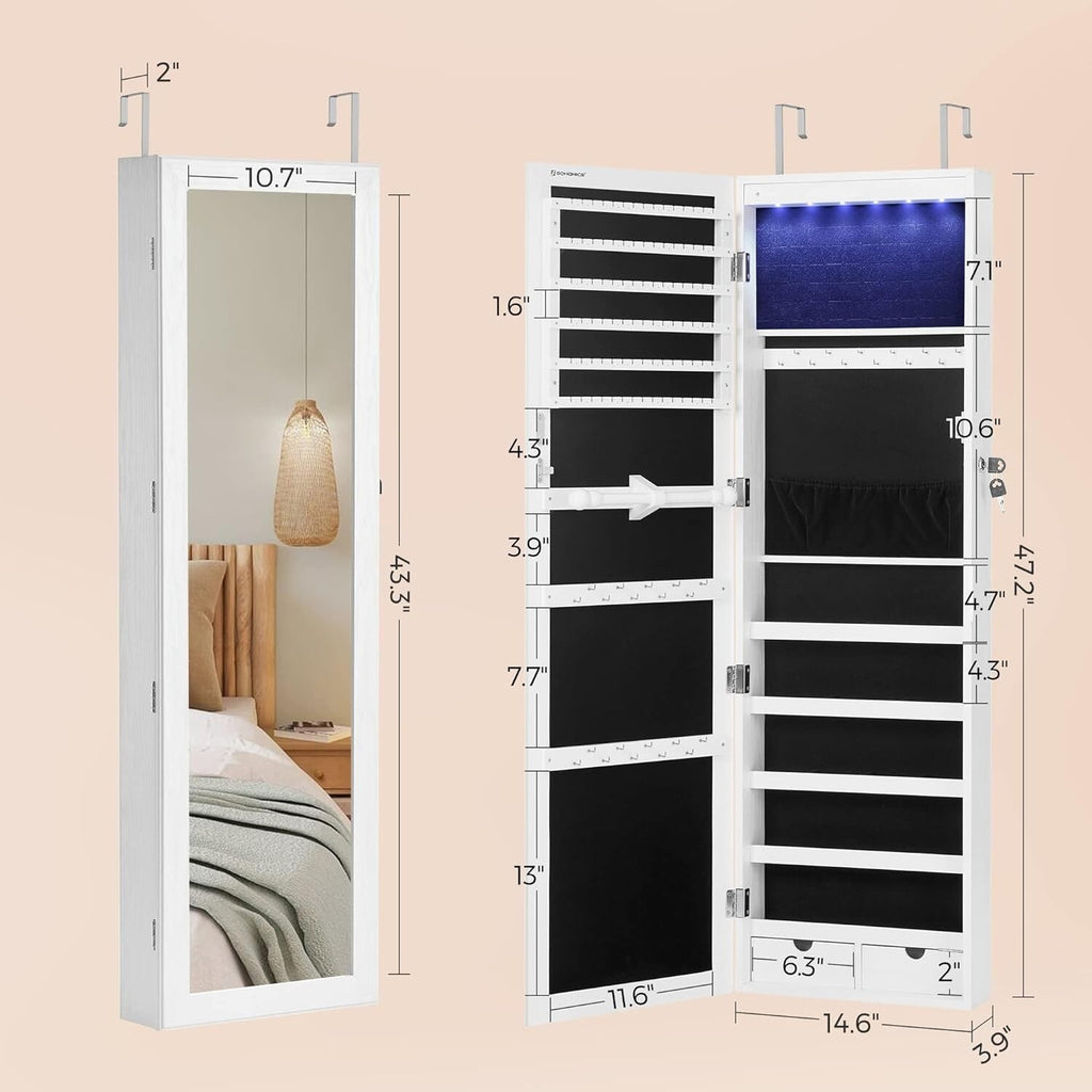 Mirror Jewelry Cabinet, 47.2-Inch Tall Lockable Wall or Door Mounted Jewe 6 LEDs