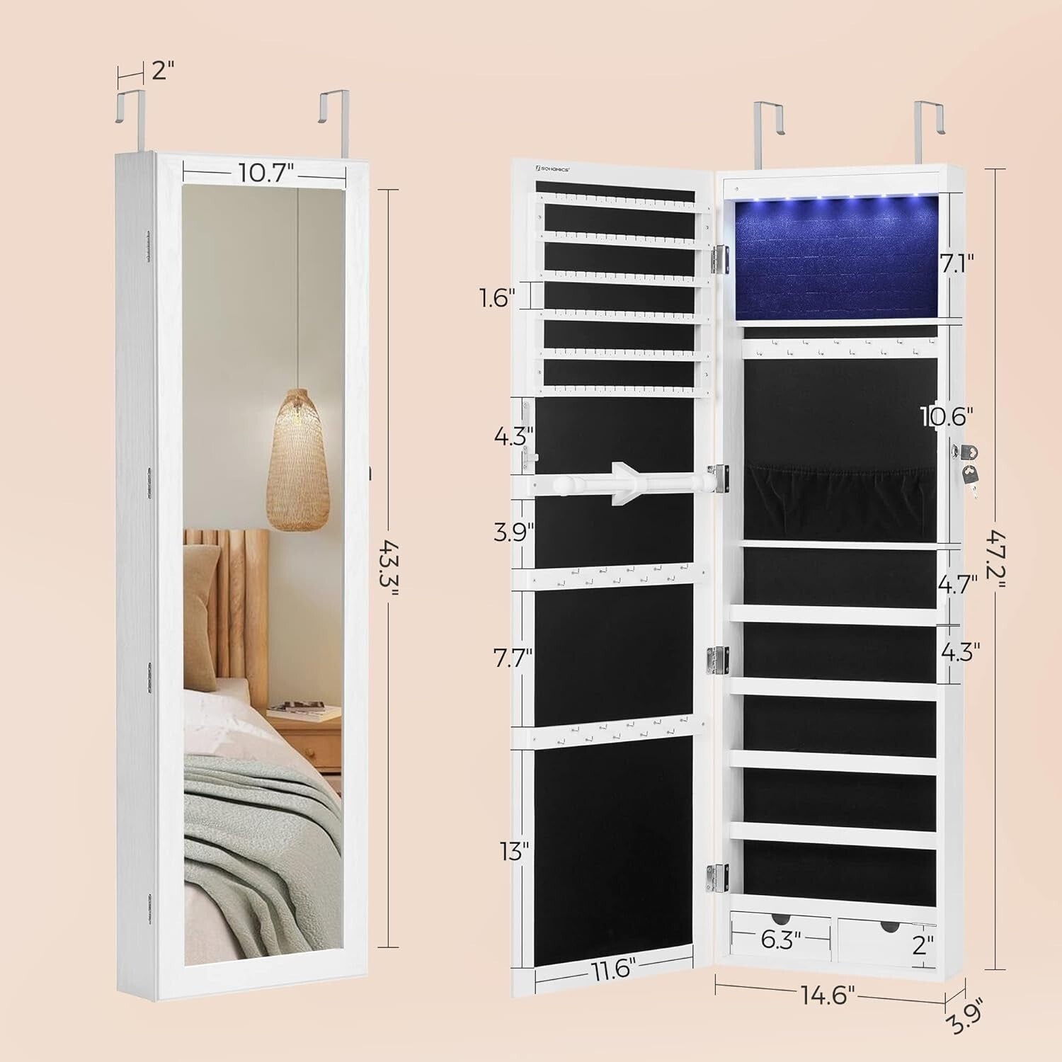 Mirror Jewelry Cabinet, 47.2-Inch Tall Lockable Wall or Door Mounted Jewe 6 LEDs