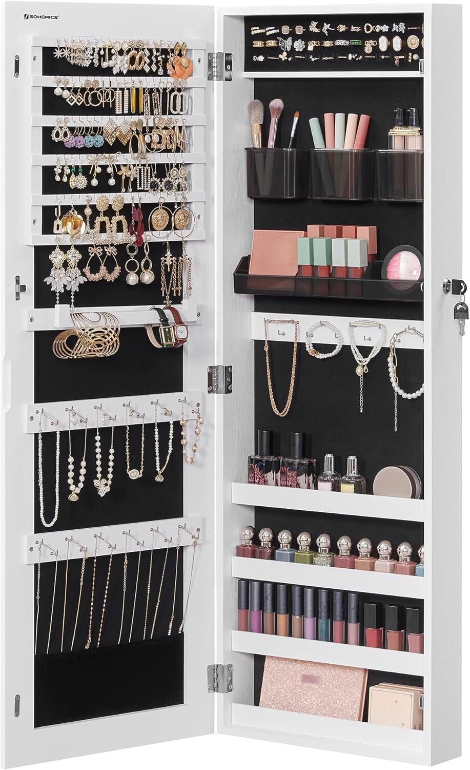 Jewelry Cabinet Armoire, Lockable WallMounted Organizer Unit  2 Plastic Cos
