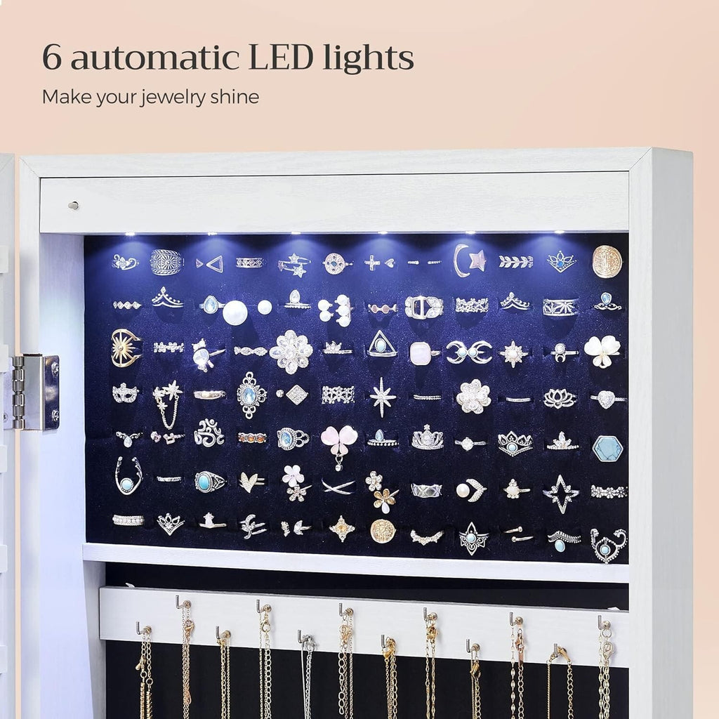 Mirror Jewelry Cabinet, 47.2-Inch Tall Lockable Wall or Door Mounted Jewe 6 LEDs