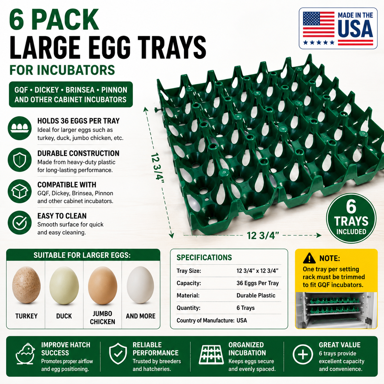 6 Pack Large Egg Trays for Incubator GQF Dickey Brinsea 36 Egg Capacity