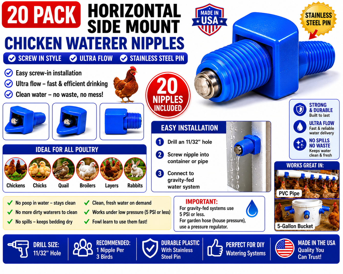 20 Pack Horizontal Side Mount Chicken Waterer Nipples Poultry Drinker Screw In