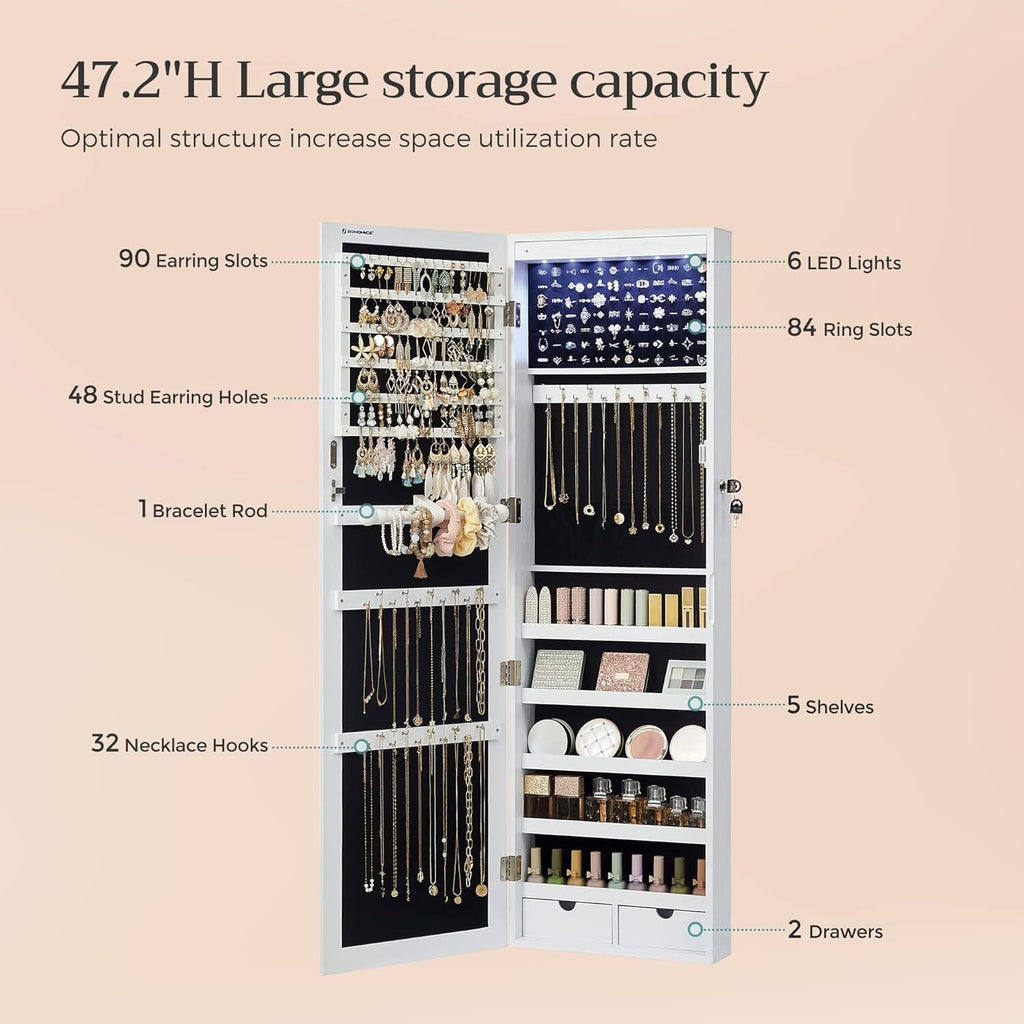 Mirror Jewelry Cabinet, 47.2-Inch Tall Lockable Wall or Door Mounted Jewe 6 LEDs