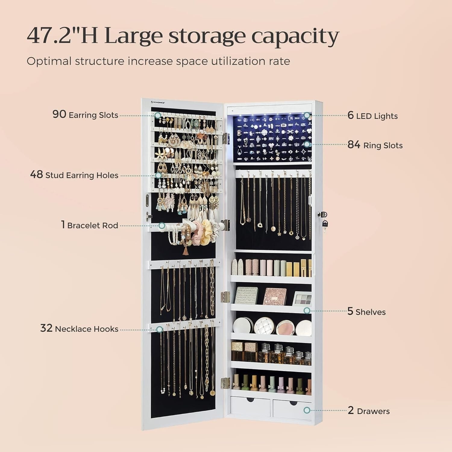 Mirror Jewelry Cabinet, 47.2-Inch Tall Lockable Wall or Door Mounted Jewe 6 LEDs