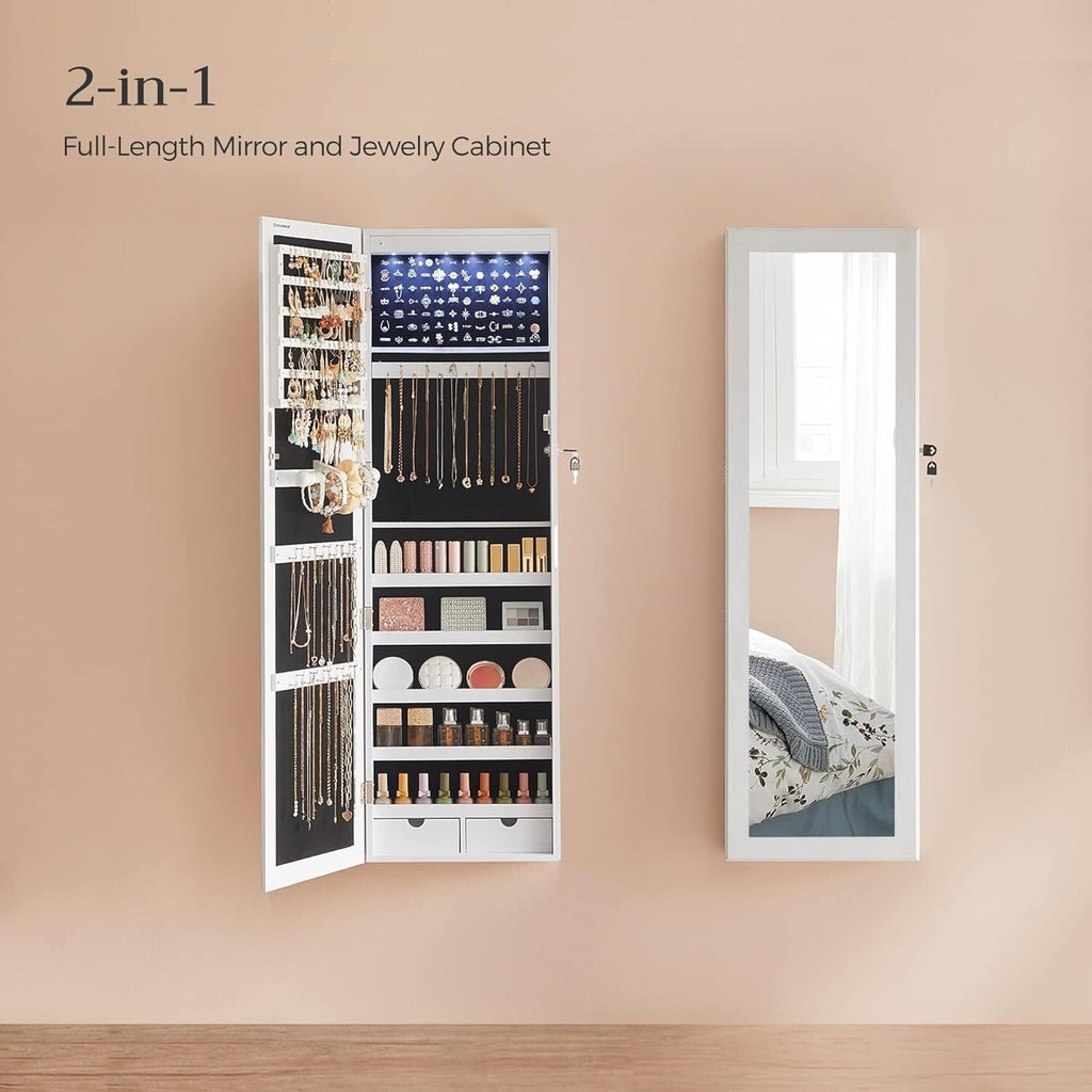 Mirror Jewelry Cabinet, 47.2-Inch Tall Lockable Wall or Door Mounted Jewe 6 LEDs