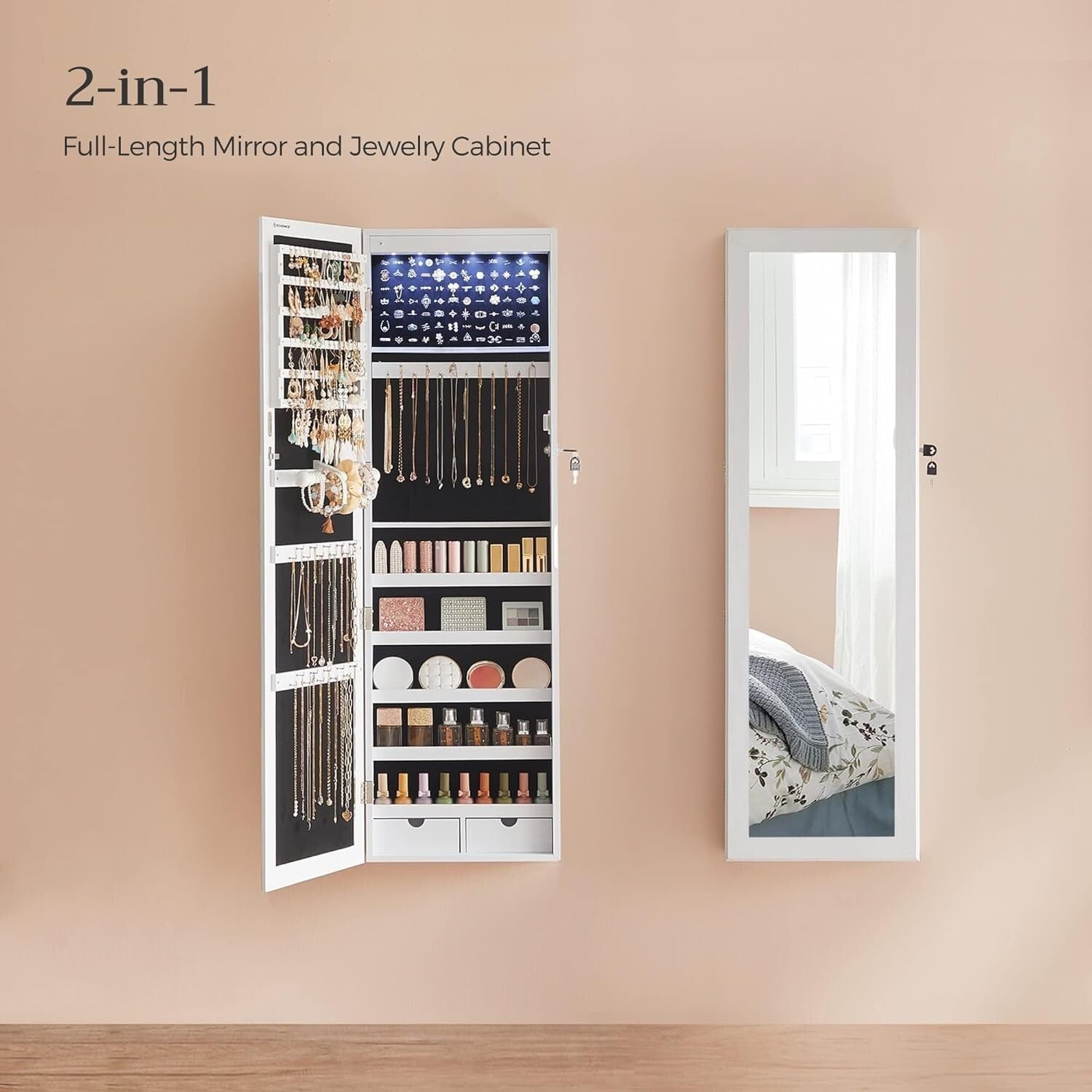 Mirror Jewelry Cabinet, 47.2-Inch Tall Lockable Wall or Door Mounted Jewe 6 LEDs