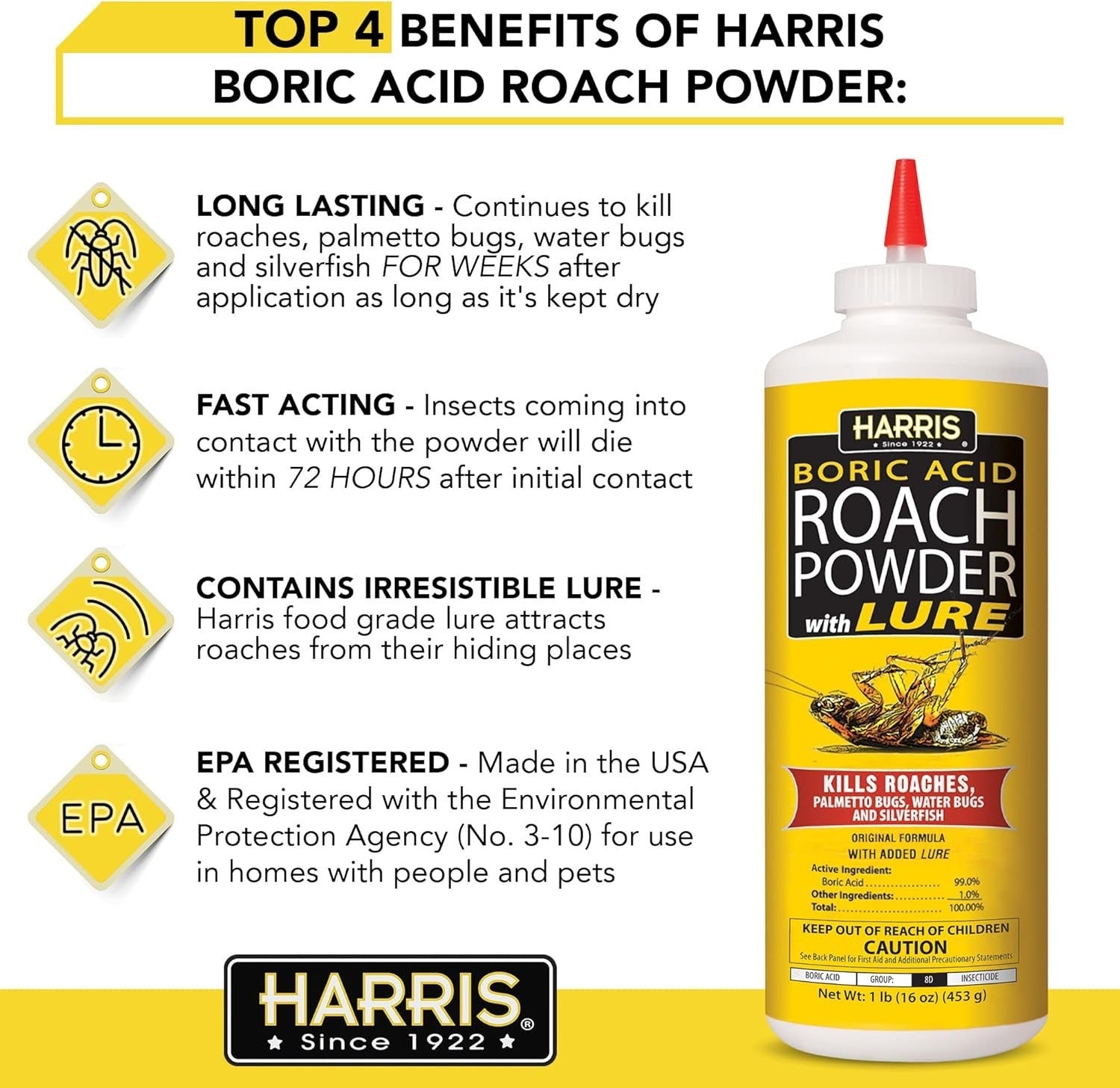 16oz Harris ROACH POWDER with Lure - Kills Roaches,Palmetto Bugs,Silverfish