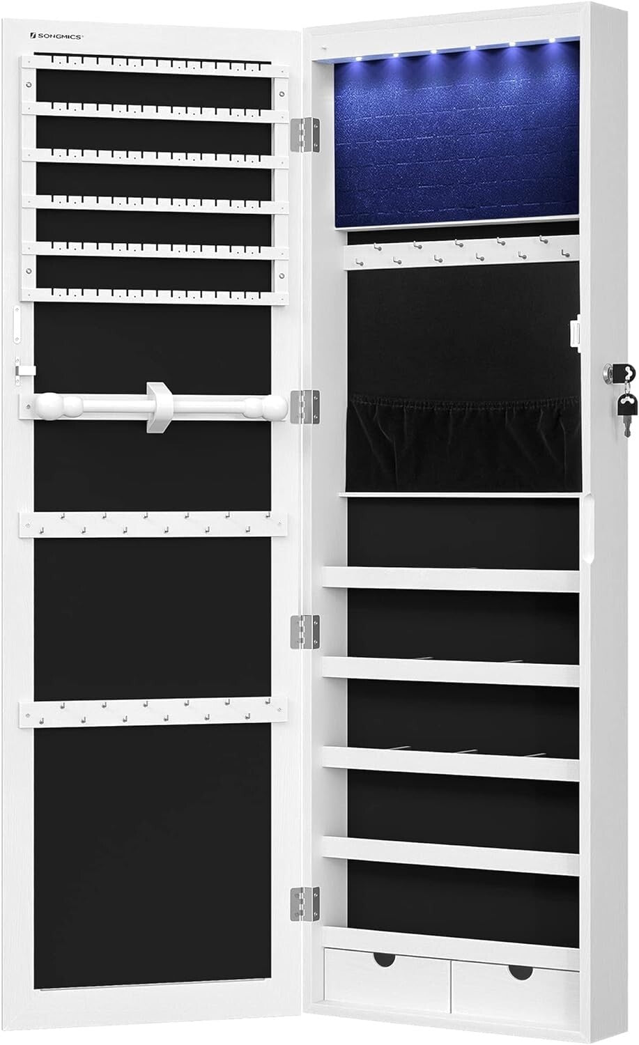 Mirror Jewelry Cabinet, 47.2-Inch Tall Lockable Wall or Door Mounted Jewe 6 LEDs