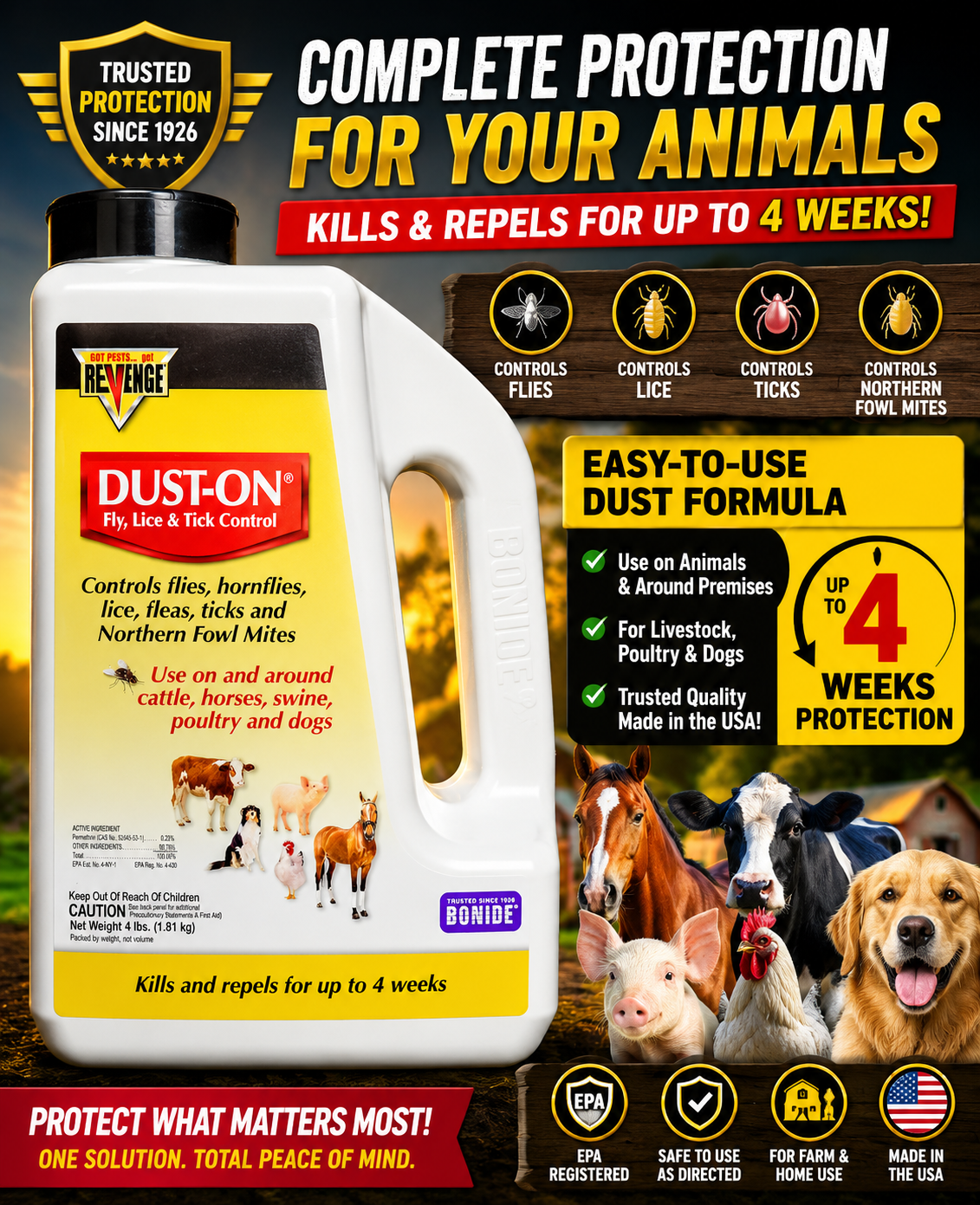 Dust Fly Lice Tick Control 4 lb Livestock Poultry and Dogs Pest Killer