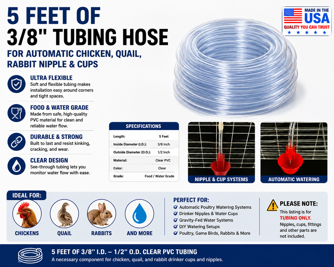 5 Ft Clear PVC Tubing 3/8" ID x 1/2" OD for Chicken Quail Rabbit Watering System