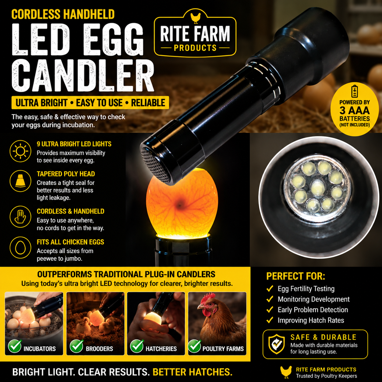 Black LED Egg Candler Cordless Poultry Incubator Hatching Light
