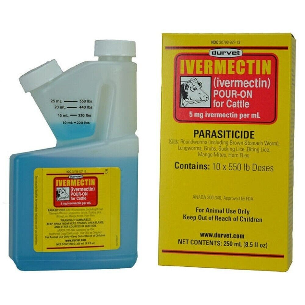 Durvet Pour on Cattle Cow Dewormer 250 mL For roundworms lungworms grubs lice2pk