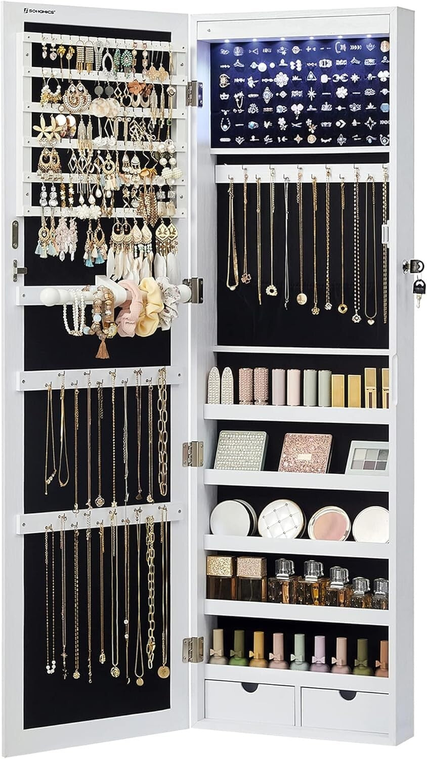 Mirror Jewelry Cabinet, 47.2-Inch Tall Lockable Wall or Door Mounted Jewe 6 LEDs