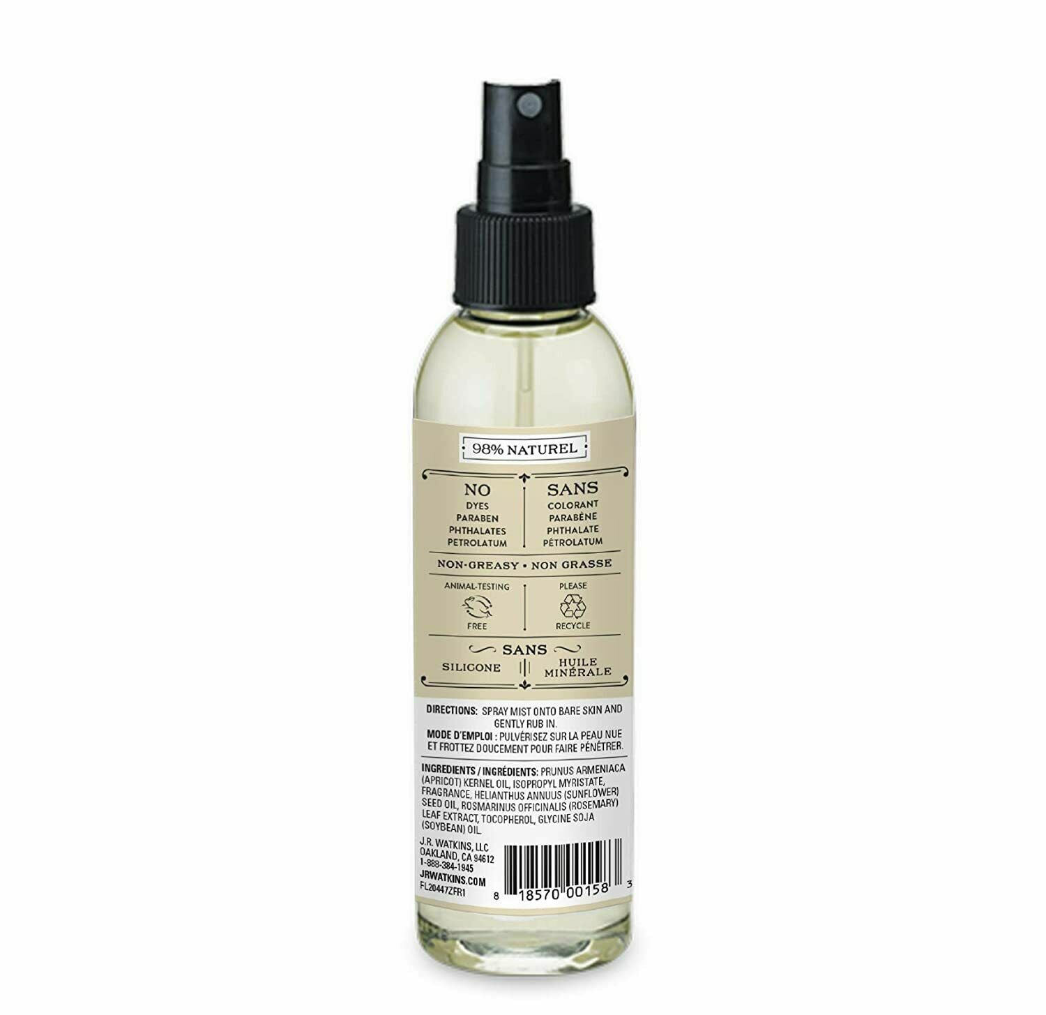 JR Watkins Natural Hydrating Body Oil Mist Coconut Milk & Honey Moisturizing