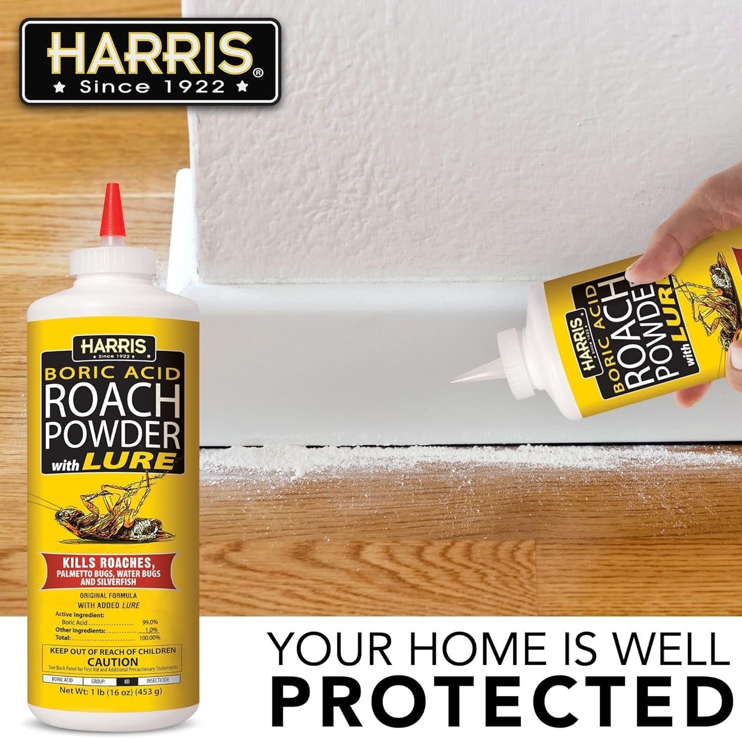 16oz Harris ROACH POWDER with Lure - Kills Roaches,Palmetto Bugs,Silverfish