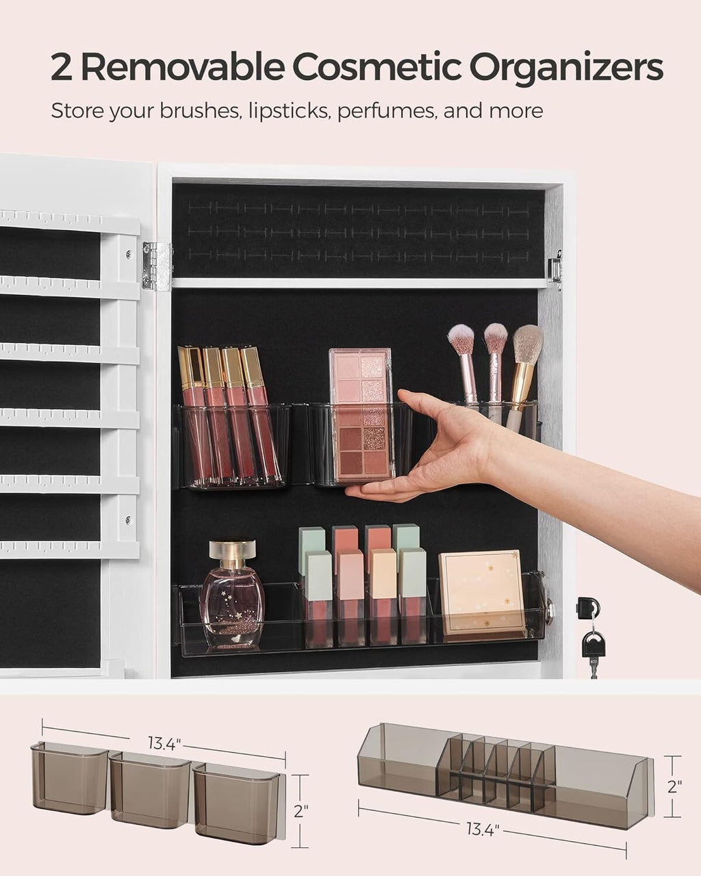 Jewelry Cabinet Armoire, Lockable WallMounted Organizer Unit  2 Plastic Cos