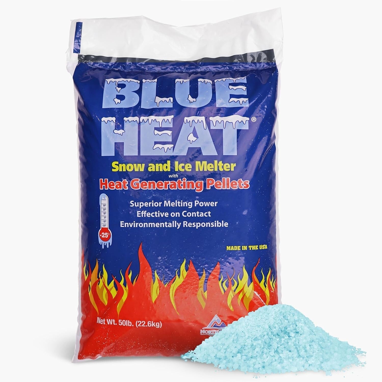 Heat Ice Melt Pellets Blue Calcium Blend Deicer Snow Melter for Driveway 50 lb