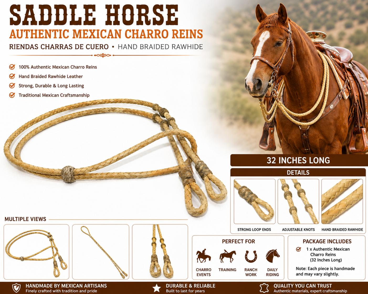 Authentic Mexican Charro Rawhide Horse Reins Hand Braided Leather Riendas Charras 32