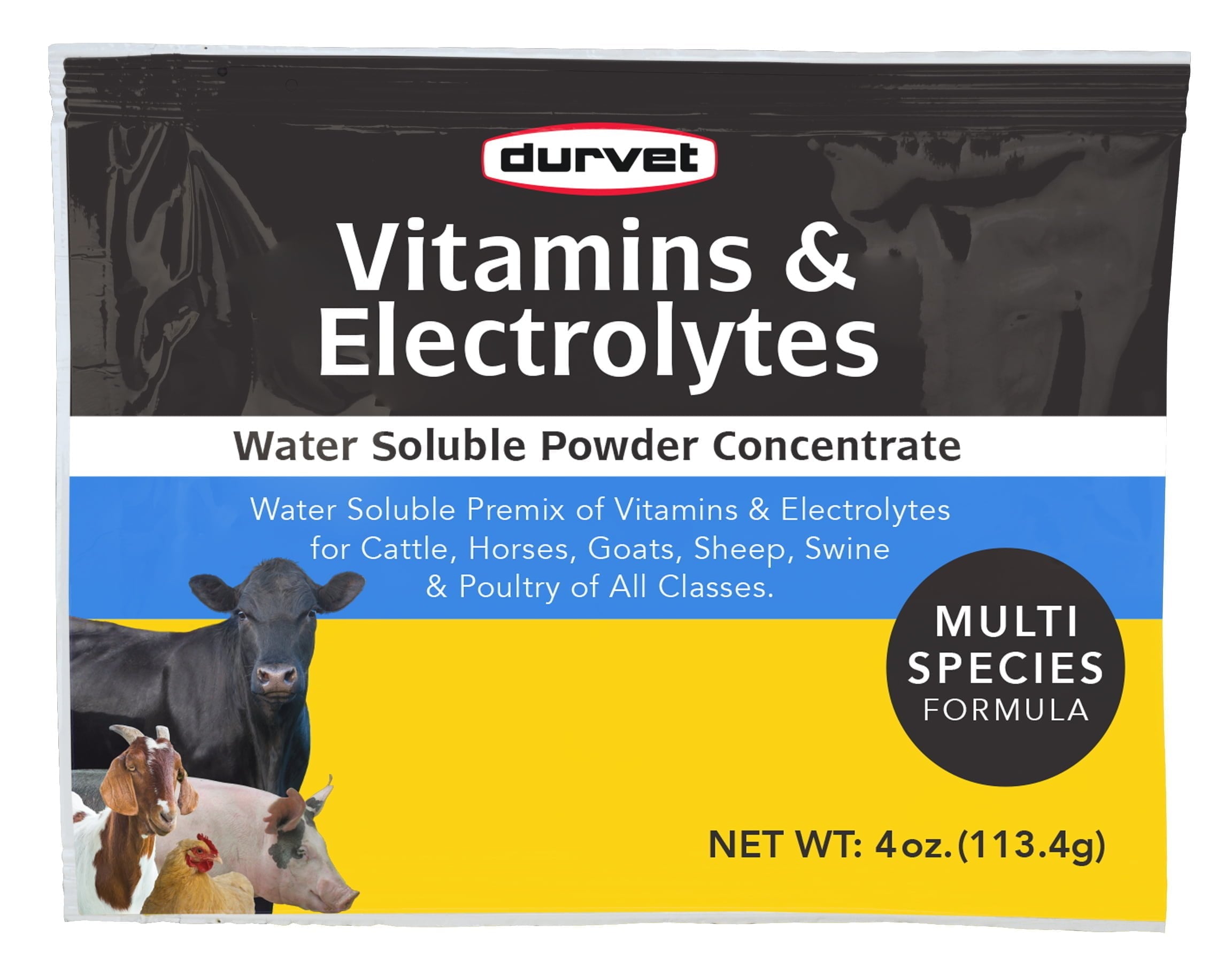 Durvet Vitamins & Electrolytes Multispecies Supplement - Water Soluble Premix for Cattle Horses Goats Sheep Swine & Poultry - 4oz Formula