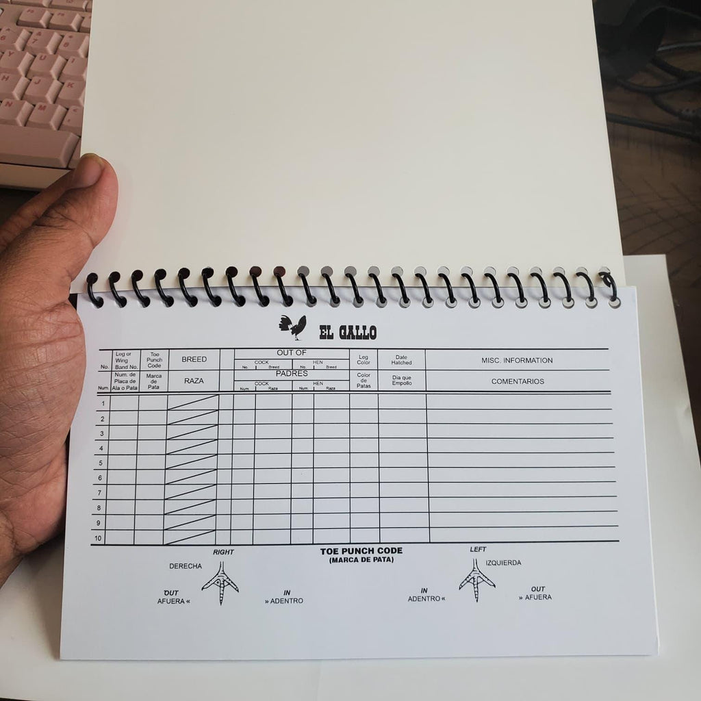 Rooster Breeding Record Book Spiral Bound | Bilingual English Spanish | El Gallo Registro Oficial | Toe Punch & Leg Band Breeding Log