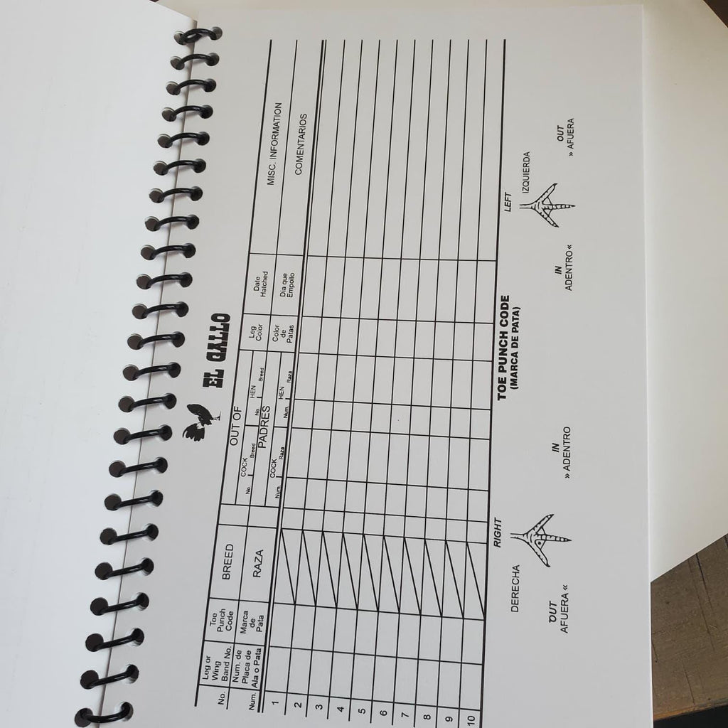 Rooster Breeding Record Book Spiral Bound | Bilingual English Spanish | El Gallo Registro Oficial | Toe Punch & Leg Band Breeding Log
