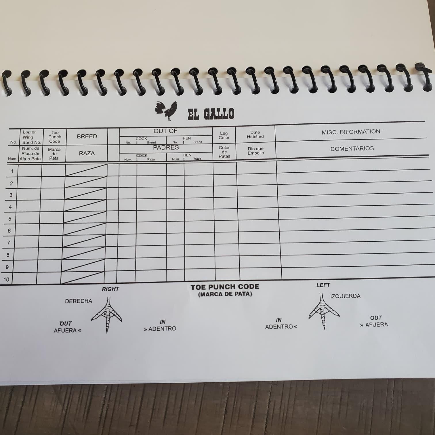Rooster Breeding Record Book Spiral Bound | Bilingual English Spanish | El Gallo Registro Oficial | Toe Punch & Leg Band Breeding Log