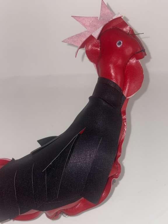 Handmade Synthetic Leather Dummy Rooster - Red and Black Artisanal Chicken Figure for Crafters - Muñeco Artesanal Gallo