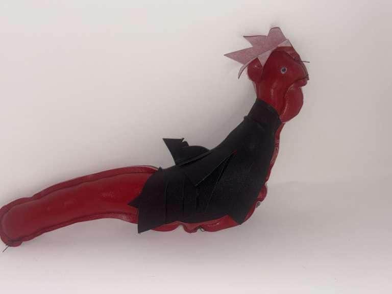 Handmade Synthetic Leather Dummy Rooster - Red and Black Artisanal Chicken Figure for Crafters - Muñeco Artesanal Gallo